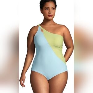 Lands' End Women's NWT One-Shoulder Color-Block One-Piece Swimsuit Blue Green 16